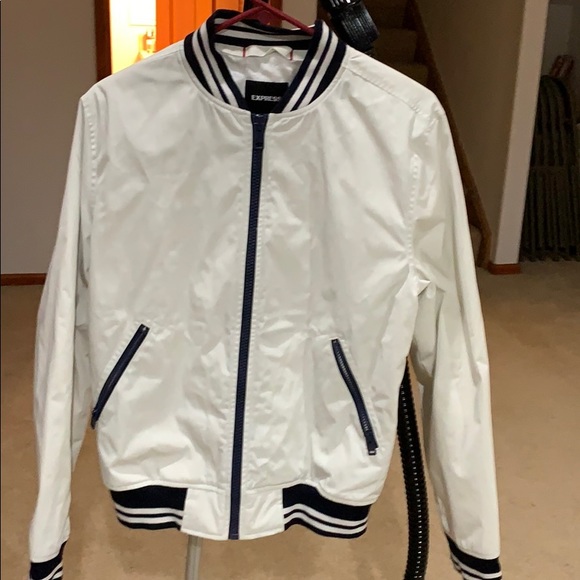 white nylon bomber jacket